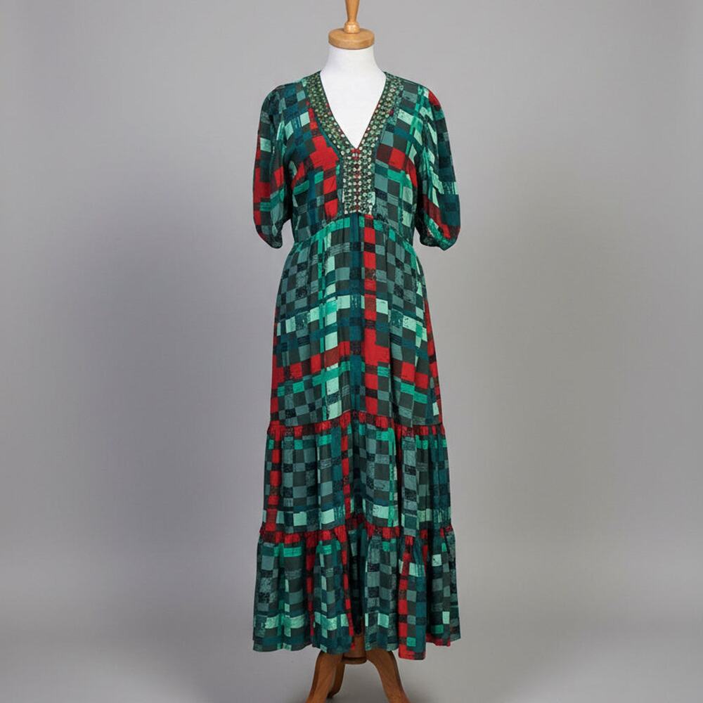 Sheridan French red and green Margot dress with beads, size M